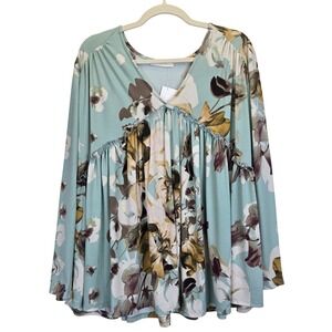 Entro Sutton Floral Long Sleeve Shirt Large V Neck‎ Smocked Ruffle Babydoll Boho